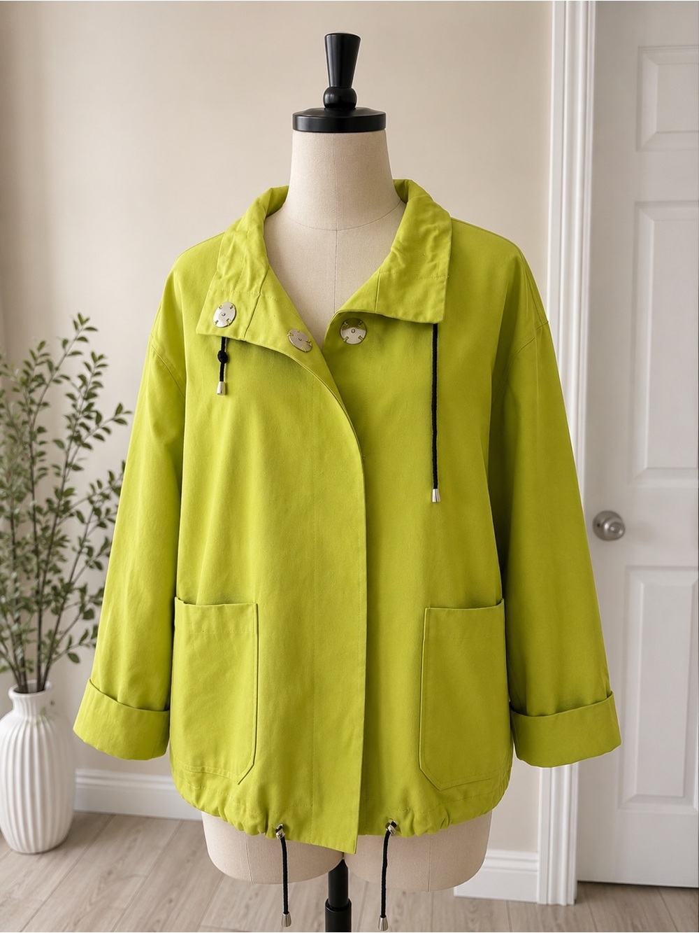 Marla Wynne Lime Green Cotton Utility Jacket Size M Drawstring Hem Pockets